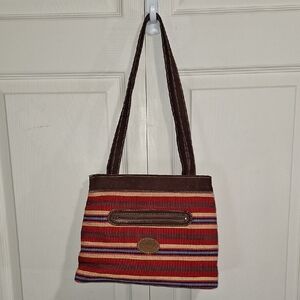 Guatemala Knit Striped Shoulder Bag - Leather Straps/Bottom - Red/Brown/Tan